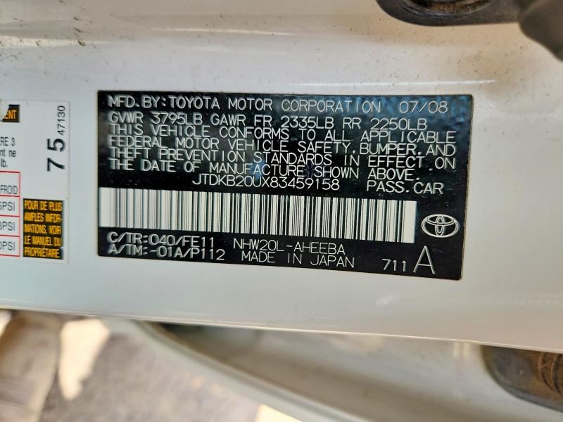 2008 Toyota Prius მანქანა იყიდება აუქციონზე, vin: JTDKB20UX83459158, აუქციონის ნომერი: 61228396