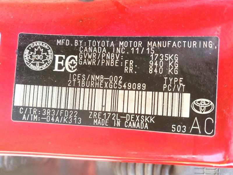 Продажа на аукционе авто 2016 Toyota Corolla, vin: 2T1BURHEXGC549089, номер лота: 62025006