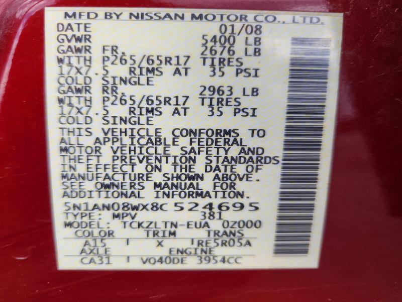 61552866 :رقم المزاد ، 5N1AN08WX8C524695 vin ، 2008 Nissan Xterra مزاد بيع