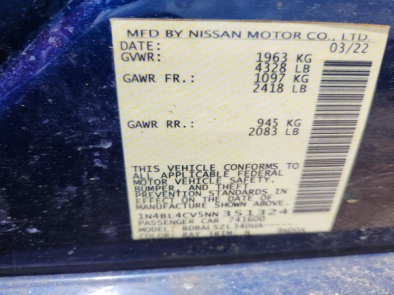 Продаж на аукціоні авто 2022 Nissan Altima, vin: 1N4BL4CV5NN351324, номер лоту: 62250516