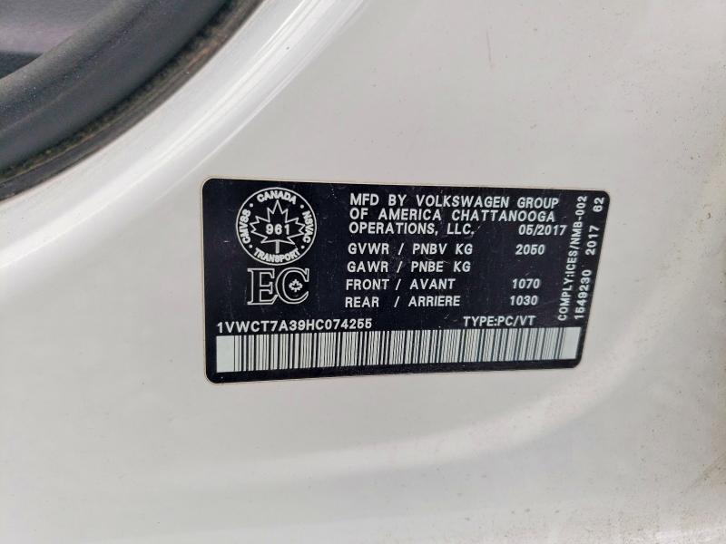 Продаж на аукціоні авто 2017 Volkswagen Passat, vin: 1VWCT7A39HC074255, номер лоту: 62549106