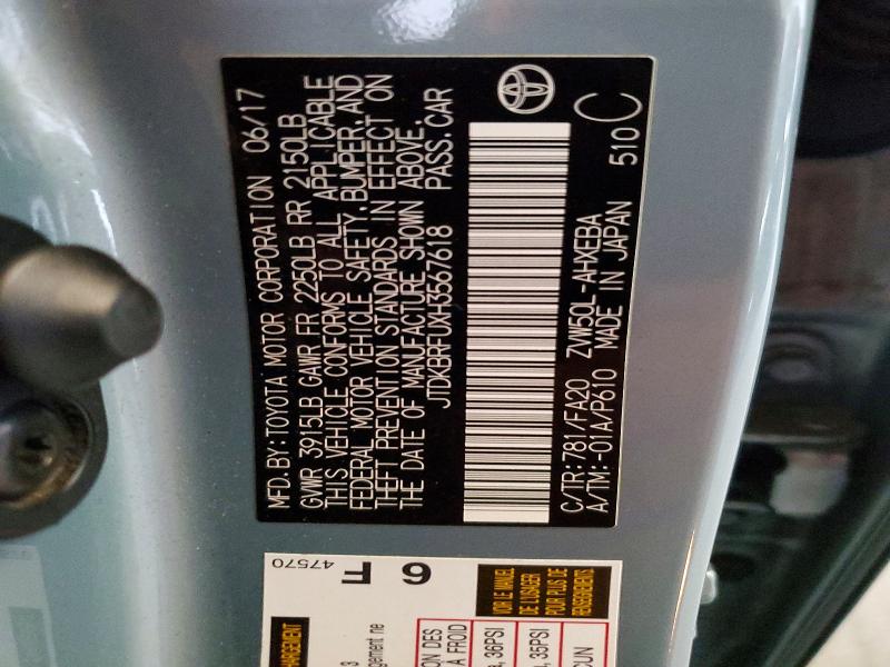 62002066 :رقم المزاد ، JTDKBRFUXH3567618 vin ، 2017 Toyota Prius مزاد بيع