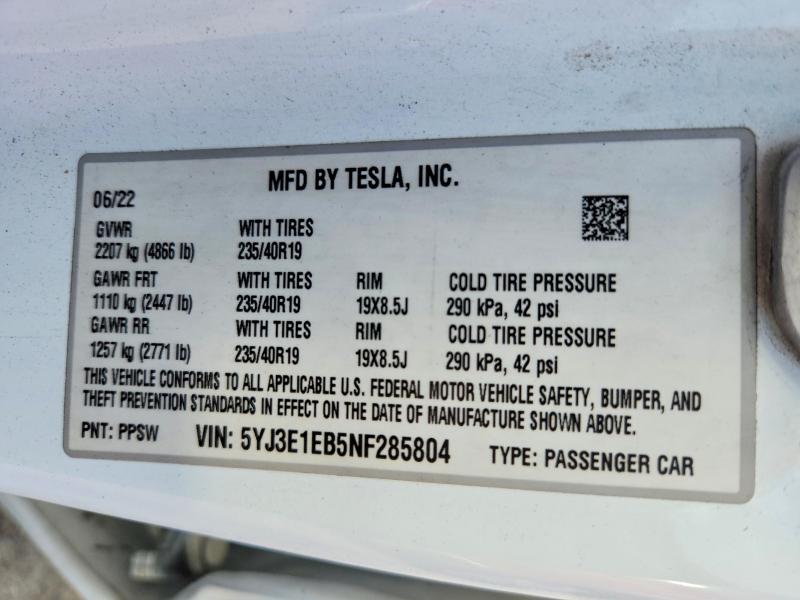 Aukcja sprzedaży 2022 Tesla Model 3, vin: 5YJ3E1EB5NF285804, numer aukcji: 63257136