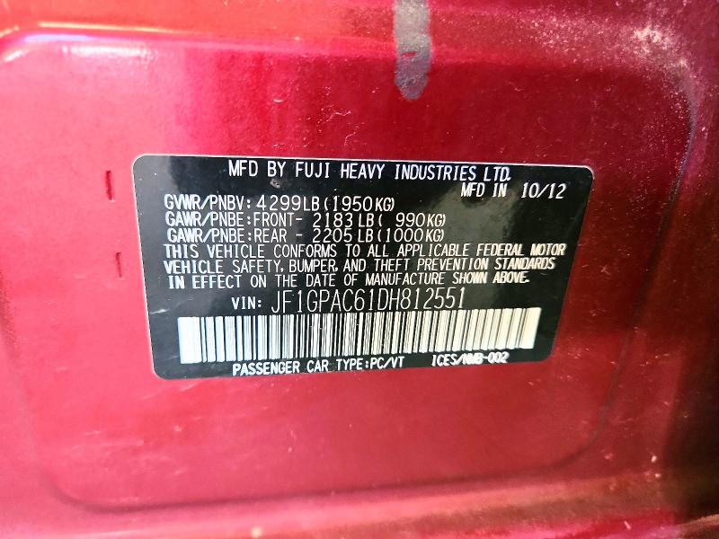 Продаж на аукціоні авто 2013 Subaru Impreza, vin: JF1GPAC61DH812551, номер лоту: 61851356