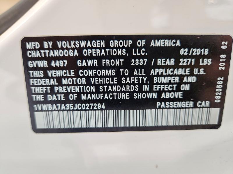 59823746 :رقم المزاد ، 1VWBA7A35JC027294 vin ، 2018 Volkswagen Passat مزاد بيع