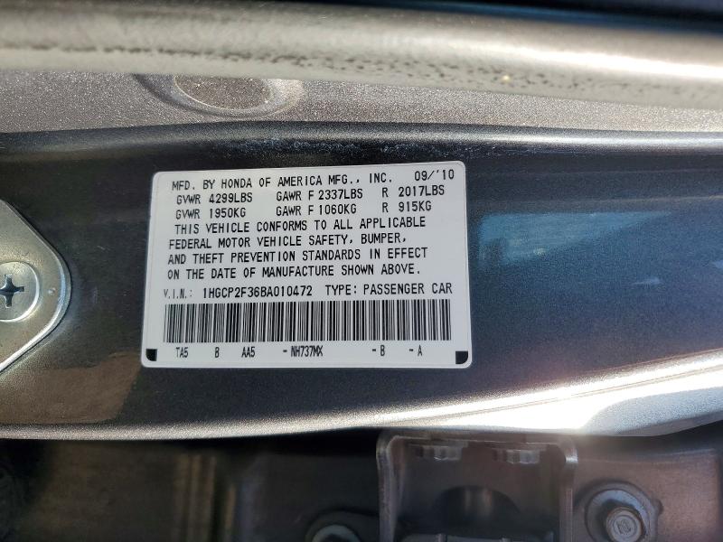Aukcja sprzedaży 2011 Honda Accord, vin: 1HGCP2F36BA010472, numer aukcji: 60981536