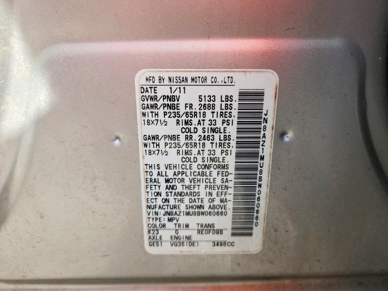 2011 Nissan Murano მანქანა იყიდება აუქციონზე, vin: JN8AZ1MU8BW060660, აუქციონის ნომერი: 62209836