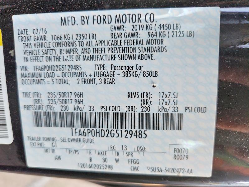 63382946 :رقم المزاد ، 1FA6P0HD2G5129485 vin ، 2016 Ford Fusion مزاد بيع