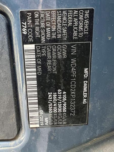 2019 Mercedes-benz Sprinter მანქანა იყიდება აუქციონზე, vin: WD4PF1CD2KP132372, აუქციონის ნომერი: 60043286