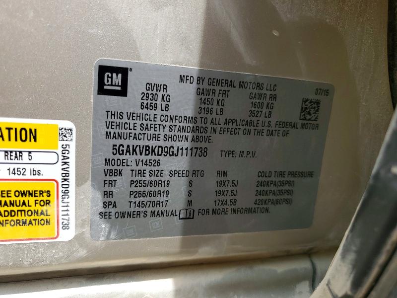 2016 Buick Enclave მანქანა იყიდება აუქციონზე, vin: 5GAKVBKD9GJ111738, აუქციონის ნომერი: 60246926
