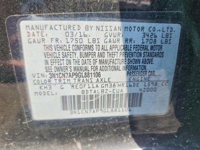 60690976 :رقم المزاد ، 3N1CN7AP9GL881106 vin ، 2016 Nissan Versa مزاد بيع