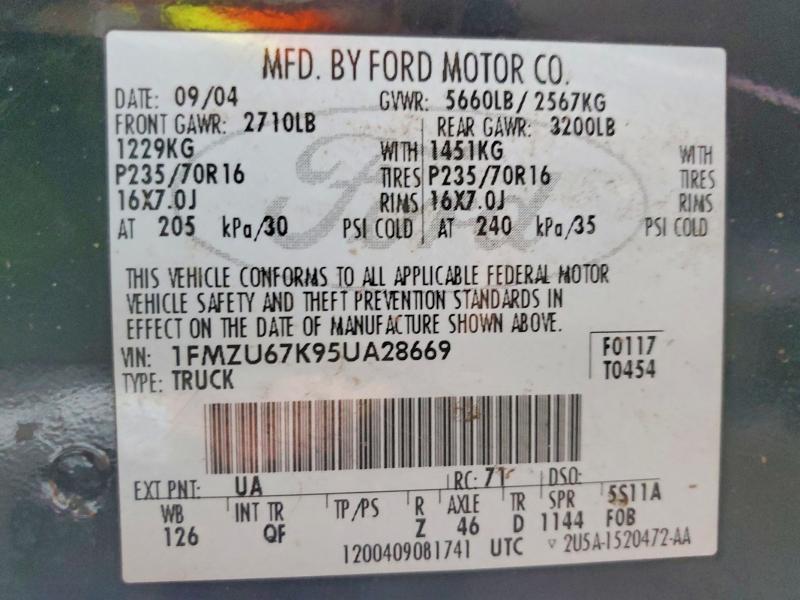 60662146 :رقم المزاد ، 1FMZU67K95UA28669 vin ، 2005 Ford Explorer Sport Trac مزاد بيع