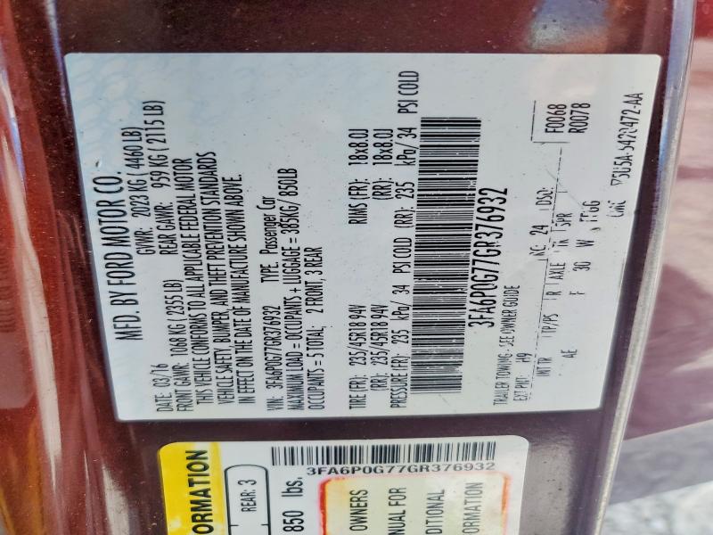85632215 :رقم المزاد ، 3FA6P0G77GR376932 vin ، 2016 Ford Fusion مزاد بيع