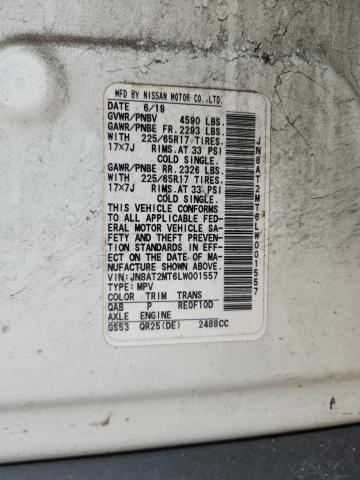59738256 :رقم المزاد ، JN8AT2MT6LW001557 vin ، 2020 Nissan Rogue مزاد بيع