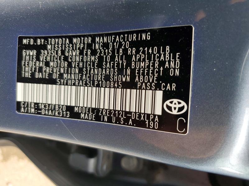 2020 Toyota Corolla მანქანა იყიდება აუქციონზე, vin: 5YFHPRAE5LP100845, აუქციონის ნომერი: 60093386