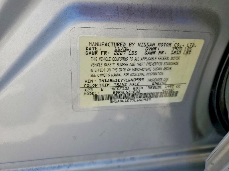 Aukcja sprzedaży 2007 Nissan Sentra, vin: 3N1AB61E77L640959, numer aukcji: 63402806