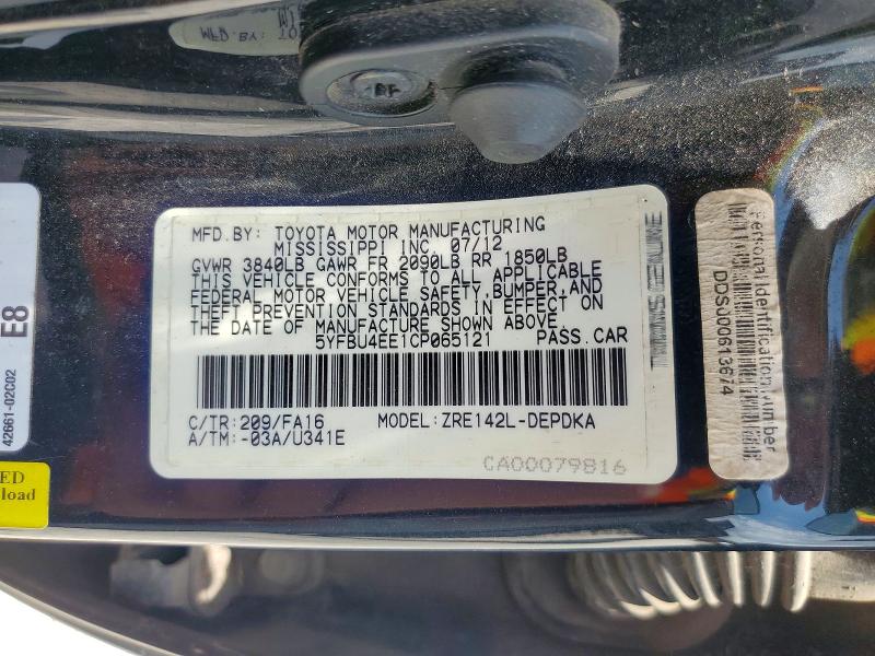 2012 Toyota Corolla მანქანა იყიდება აუქციონზე, vin: 5YFBU4EE1CP065121, აუქციონის ნომერი: 60307106