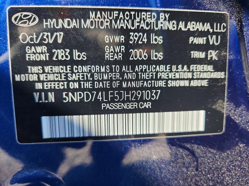 63254376 :رقم المزاد ، 5NPD74LF5JH291037 vin ، 2018 Hyundai Elantra مزاد بيع
