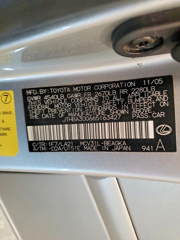 60773396 :رقم المزاد ، JTHBA30G665163427 vin ، 2006 Lexus Es مزاد بيع