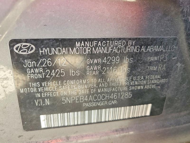 2012 Hyundai Sonata მანქანა იყიდება აუქციონზე, vin: 5NPEB4AC0CH461285, აუქციონის ნომერი: 56495506