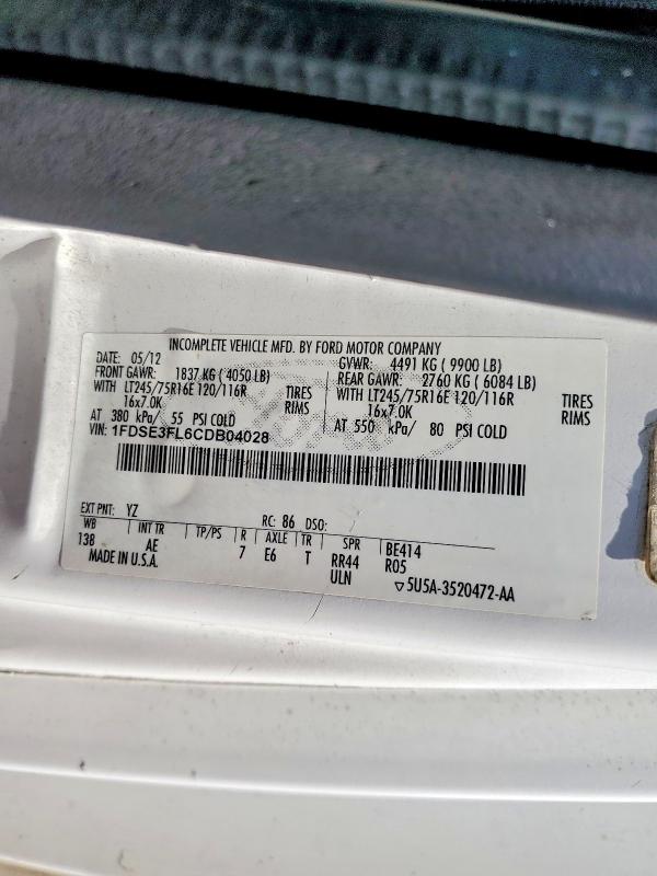 62529286 :رقم المزاد ، 1FDSE3FL6CDB04028 vin ، 2012 Ford Econoline مزاد بيع