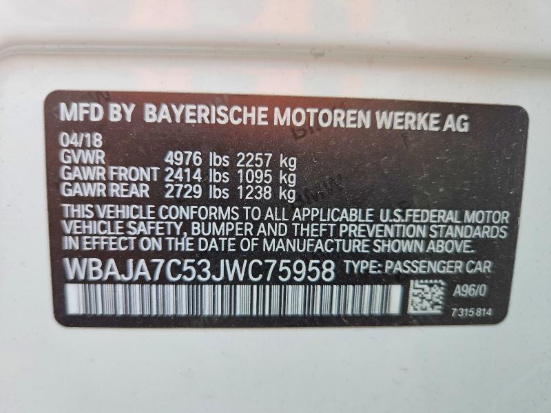 Auction sale of the 2018 Bmw 530, vin: WBAJA7C53JWC75958, lot number: 61704486