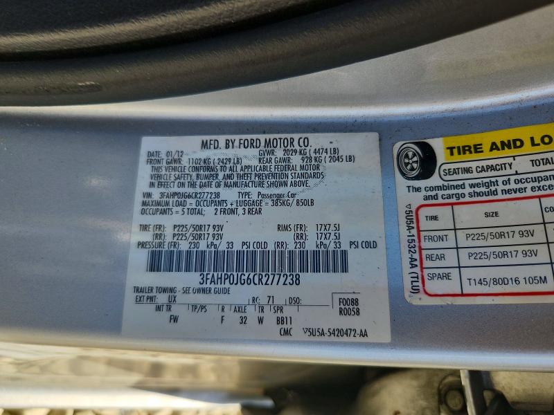 Продажа на аукционе авто 2012 Ford Fusion, vin: 3FAHP0JG6CR277238, номер лота: 61618876