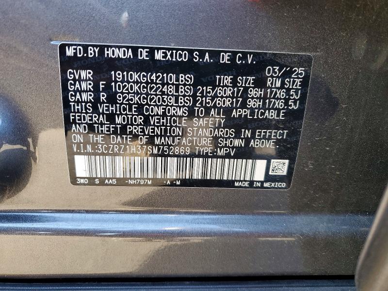 2025 Honda Hr-v მანქანა იყიდება აუქციონზე, vin: 3CZRZ1H37SM752869, აუქციონის ნომერი: 59732546