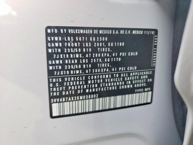 2019 Volkswagen Tiguan მანქანა იყიდება აუქციონზე, vin: 3VV4B7AX2KM038802, აუქციონის ნომერი: 61426966
