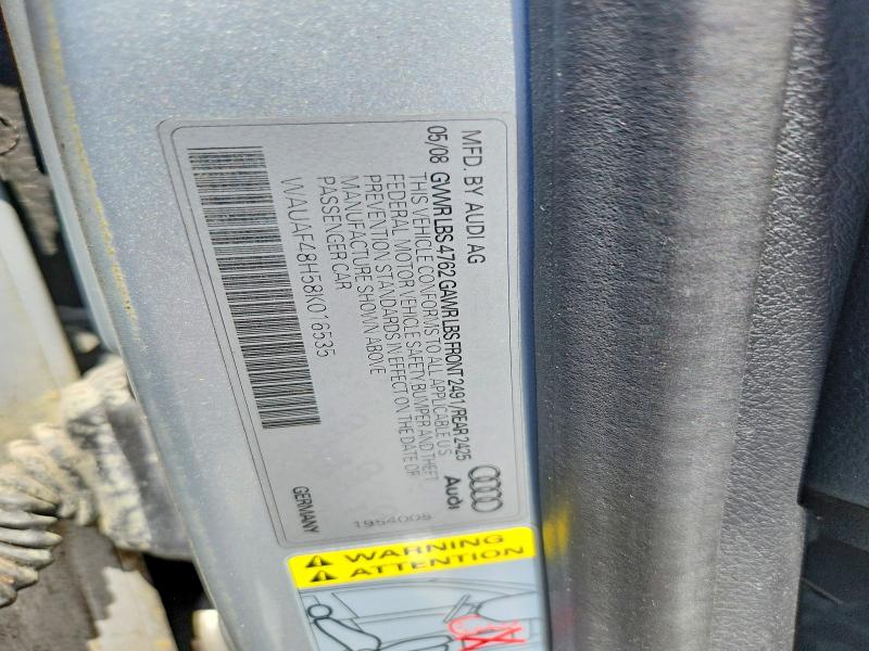 2008 Audi A4 მანქანა იყიდება აუქციონზე, vin: WAUAF48H58K016535, აუქციონის ნომერი: 60106136