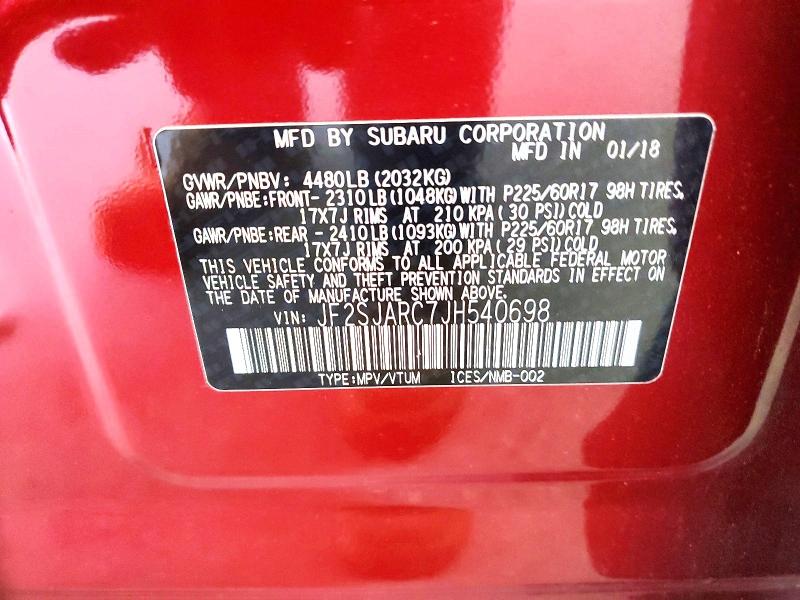 2018 Subaru Forester მანქანა იყიდება აუქციონზე, vin: JF2SJARC7JH540698, აუქციონის ნომერი: 60483516