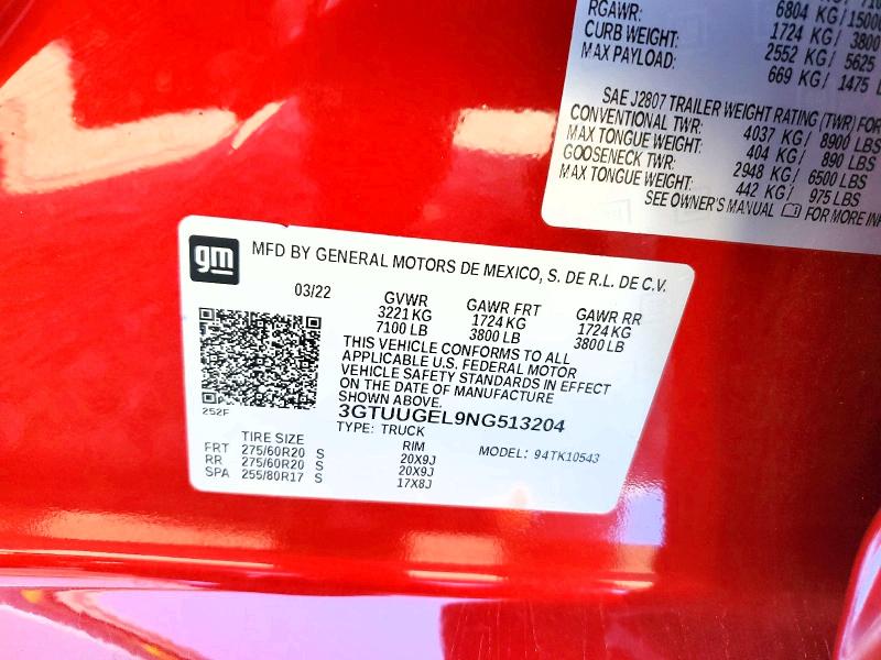 Продаж на аукціоні авто 2022 Gmc Sierra, vin: 3GTUUGEL9NG513204, номер лоту: 62486776