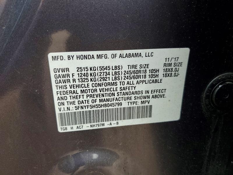 2017 Honda Pilot მანქანა იყიდება აუქციონზე, vin: 5FNYF5H55HB045799, აუქციონის ნომერი: 60923926