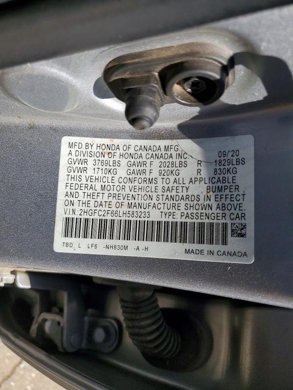 Продажа на аукционе авто 2020 Honda Civic, vin: 2HGFC2F66LH583233, номер лота: 59821006