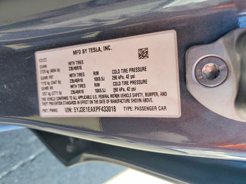 2023 Tesla Model 3 მანქანა იყიდება აუქციონზე, vin: 5YJ3E1EAXPF433018, აუქციონის ნომერი: 59227836