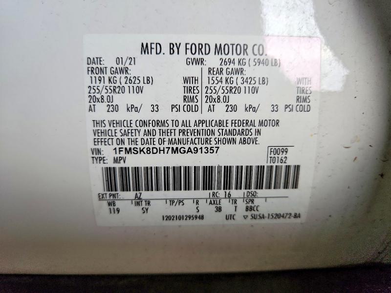 2021 Ford Explorer მანქანა იყიდება აუქციონზე, vin: 1FMSK8DH7MGA91357, აუქციონის ნომერი: 59953386
