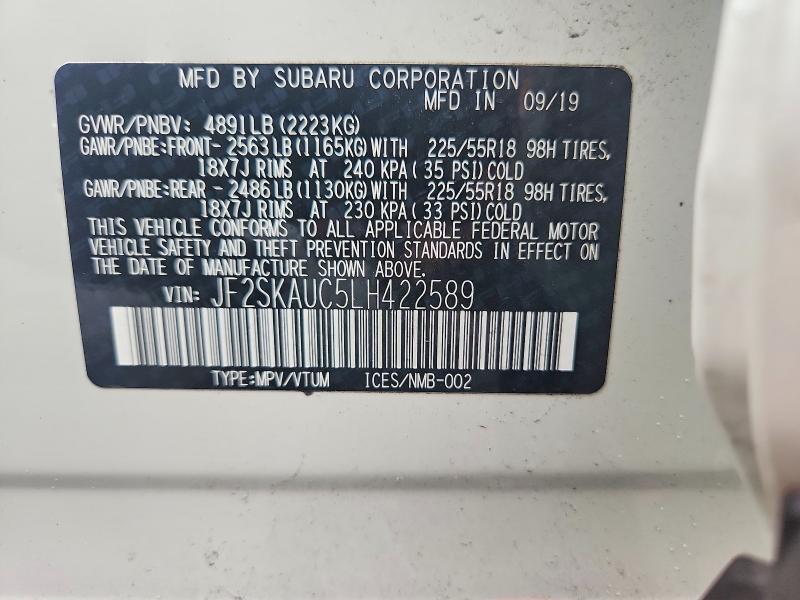 Aukcja sprzedaży 2020 Subaru Forester, vin: JF2SKAUC5LH422589, numer aukcji: 62087346