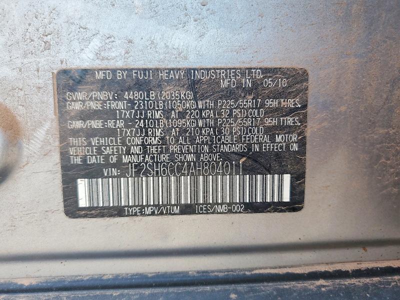 2010 Subaru Forester მანქანა იყიდება აუქციონზე, vin: JF2SH6CC4AH804011, აუქციონის ნომერი: 61115266
