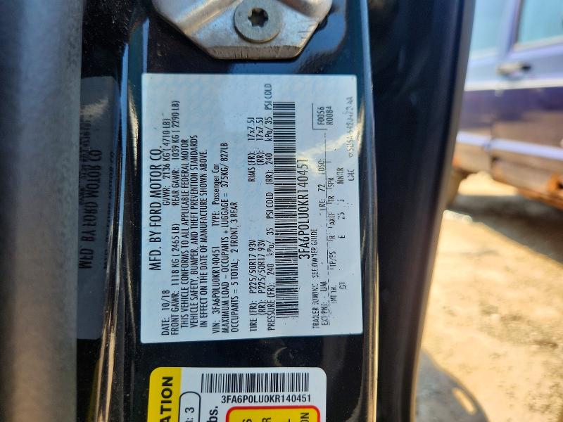 2019 Ford Fusion მანქანა იყიდება აუქციონზე, vin: 3FA6P0LU0KR140451, აუქციონის ნომერი: 59836086