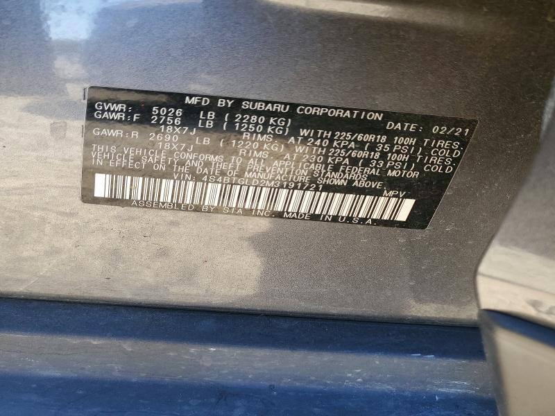 62105056 :رقم المزاد ، 4S4BTGLD2M3191721 vin ، 2021 Subaru Outback مزاد بيع