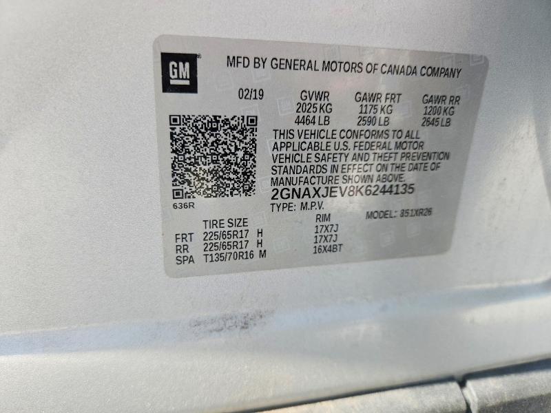 2019 Chevrolet Equinox მანქანა იყიდება აუქციონზე, vin: 2GNAXJEV8K6244135, აუქციონის ნომერი: 60695486