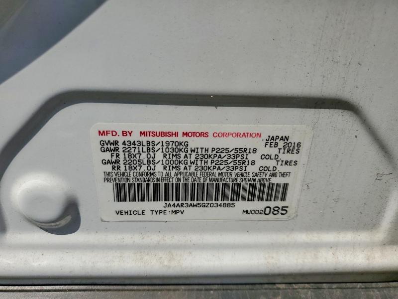 60269486 :رقم المزاد ، JA4AR3AW5GZ034885 vin ، 2016 Mitsubishi Outlander Sport مزاد بيع