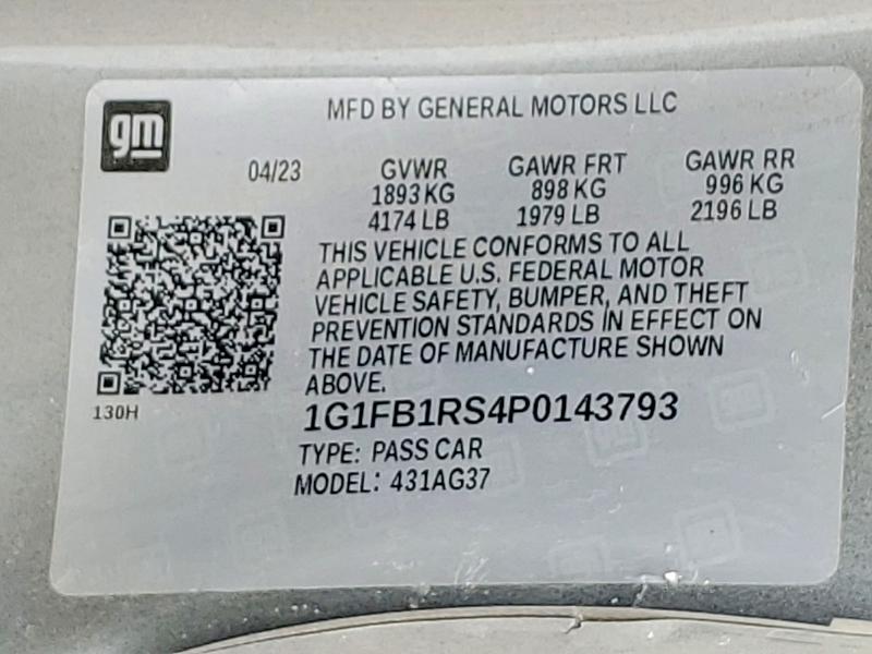 2023 Chevrolet Camaro მანქანა იყიდება აუქციონზე, vin: 1G1FB1RS4P0143793, აუქციონის ნომერი: 61456586