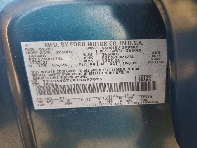 Продаж на аукціоні авто 2001 Ford F150, vin: 1FTRW07LX1KB97075, номер лоту: 61180116