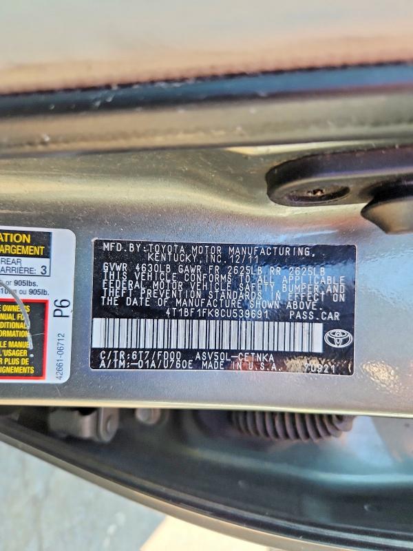 Aukcja sprzedaży 2012 Toyota Camry, vin: 4T1BF1FK8CU539691, numer aukcji: 58797446