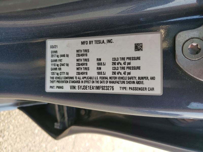 62300146 :رقم المزاد ، 5YJ3E1EA1MF923276 vin ، 2021 Tesla Model 3 مزاد بيع