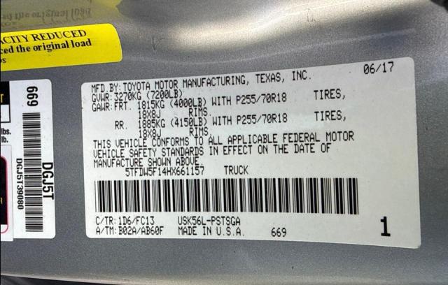 Продаж на аукціоні авто 2017 Toyota Tundra, vin: 5TFDW5F14HX661157, номер лоту: 59731266