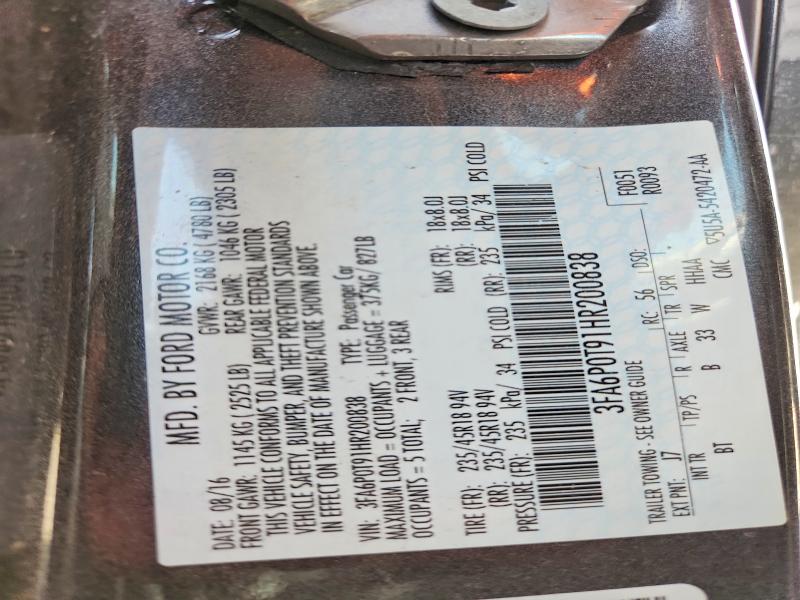 59675906 :رقم المزاد ، 3FA6P0T91HR200838 vin ، 2017 Ford Fusion مزاد بيع
