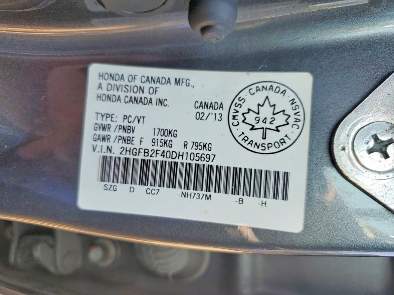 59663216 :رقم المزاد ، 2HGFB2F40DH105697 vin ، 2013 Honda Civic مزاد بيع