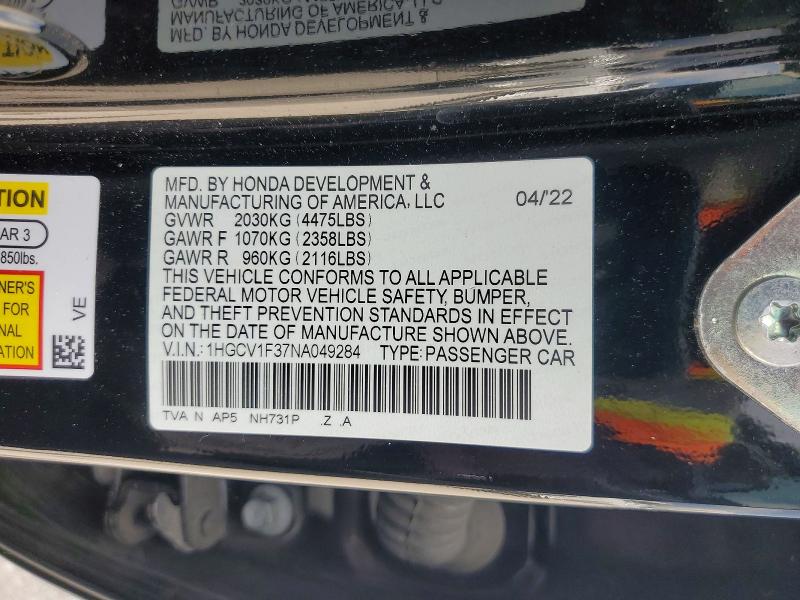 2022 Honda Accord მანქანა იყიდება აუქციონზე, vin: 1HGCV1F37NA049284, აუქციონის ნომერი: 60381786